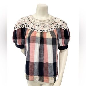Anthropologie Plaid Top Crochet Lace Yoke Short Sleeve Blouse Medium